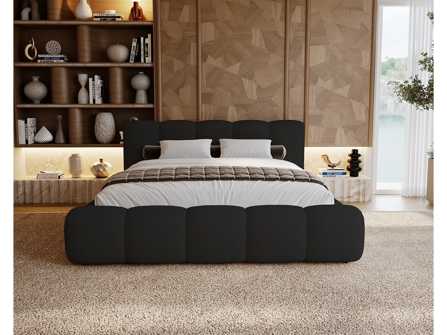 Polsterbett bouclé 180x200 Ravello - Doppelbett mit Bettkasten, Metall Lattenrost - Schwarz (Lambi 13)