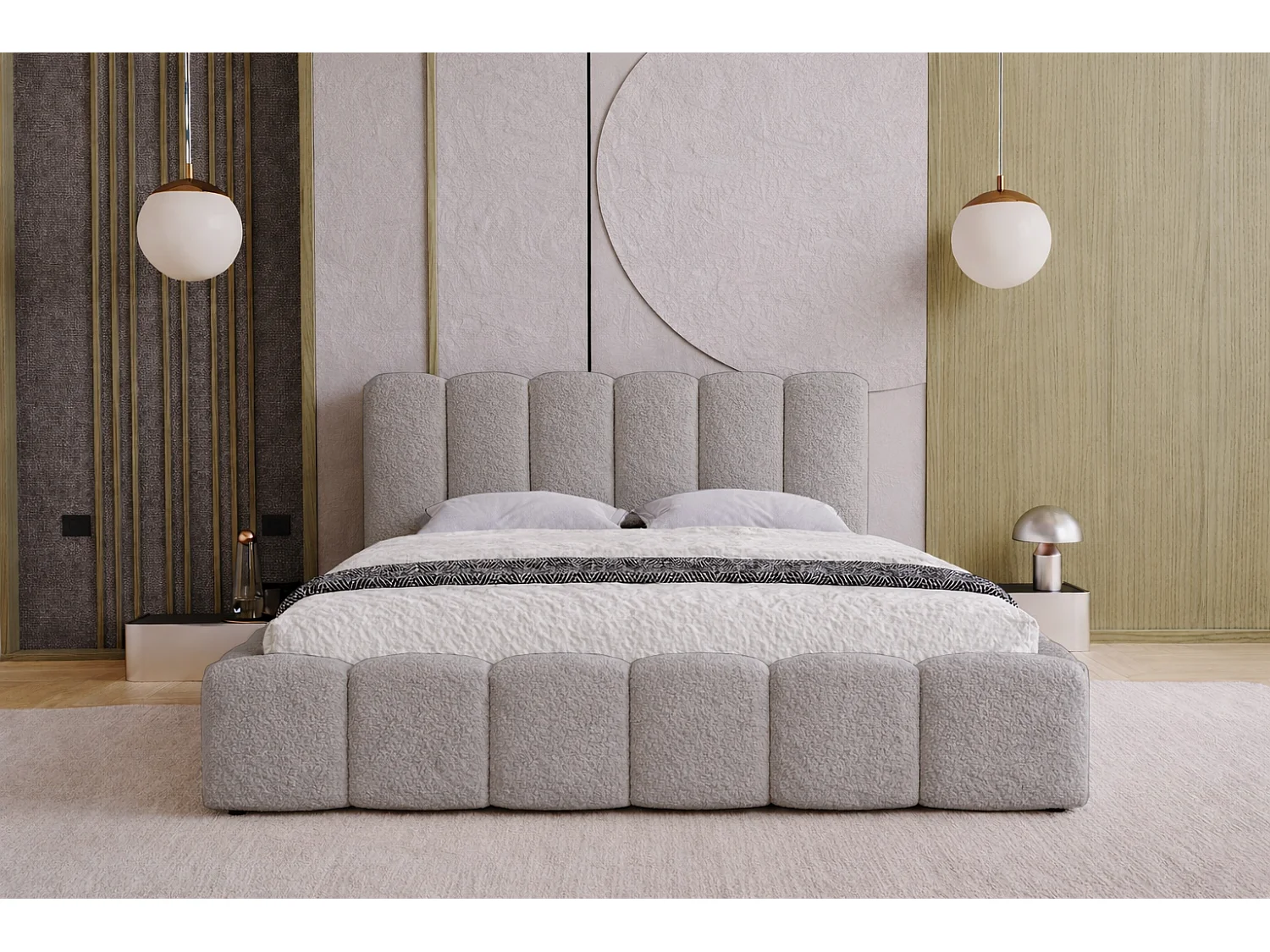 Polsterbett 200x200 Florent mit Bettkasten - Bouclé, Lattenrost, Hellgrau (Lambi 11)