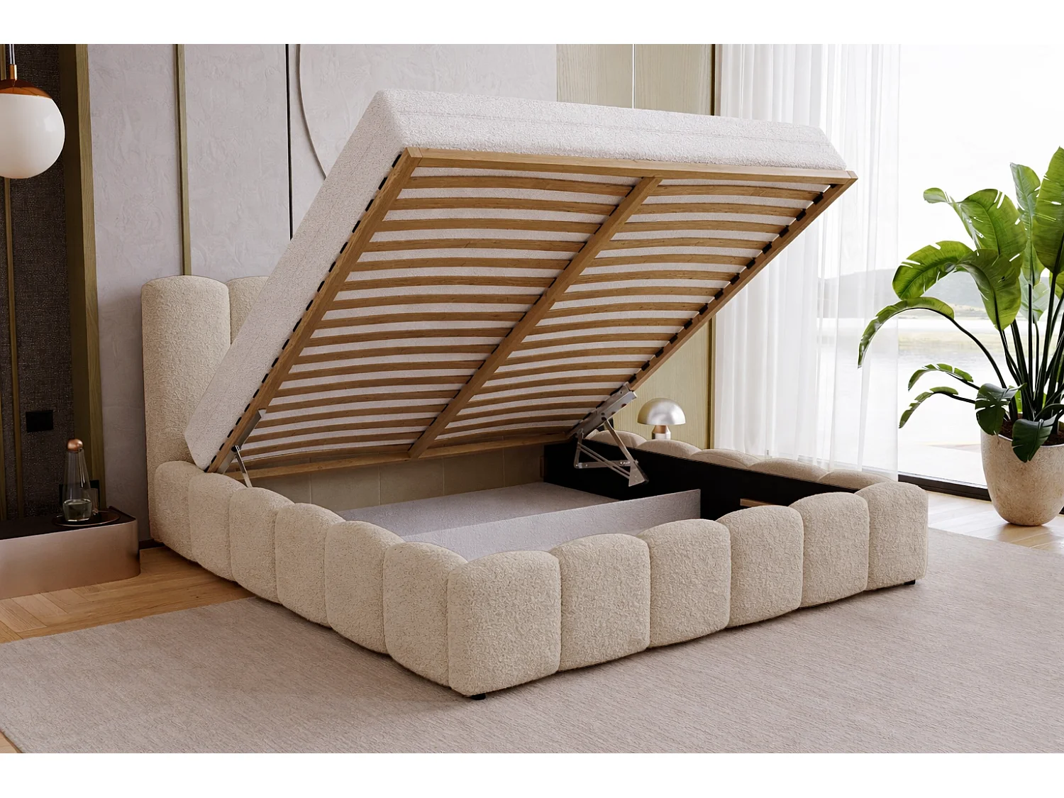 Polsterbett 140x200 Florent mit Bettkasten - Bouclé, Lattenrost, Beige (Lambi 6)