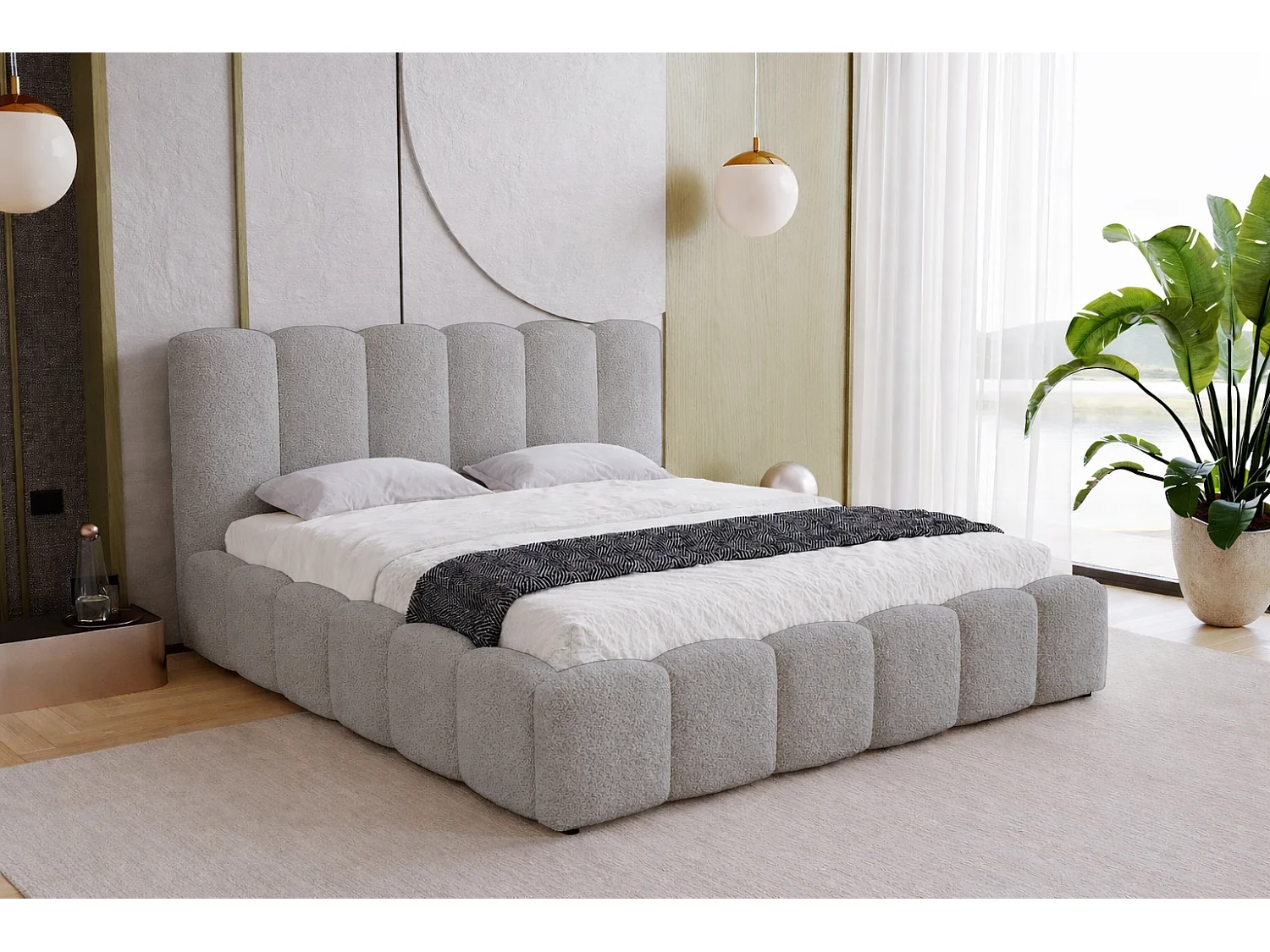 Polsterbett 140x200 Florent mit Bettkasten - Bouclé, Lattenrost, Hellgrau (Lambi 11)