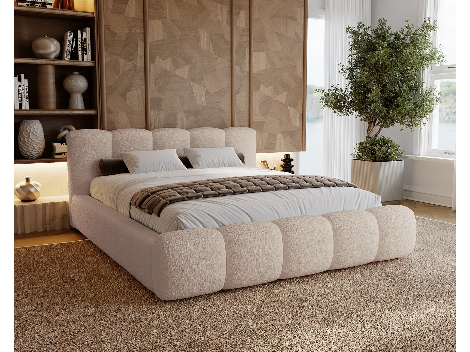 Polsterbett bouclé 200x200 Ravello - Doppelbett mit Bettkasten, Metall Lattenrost - Beige (Lambi 6)