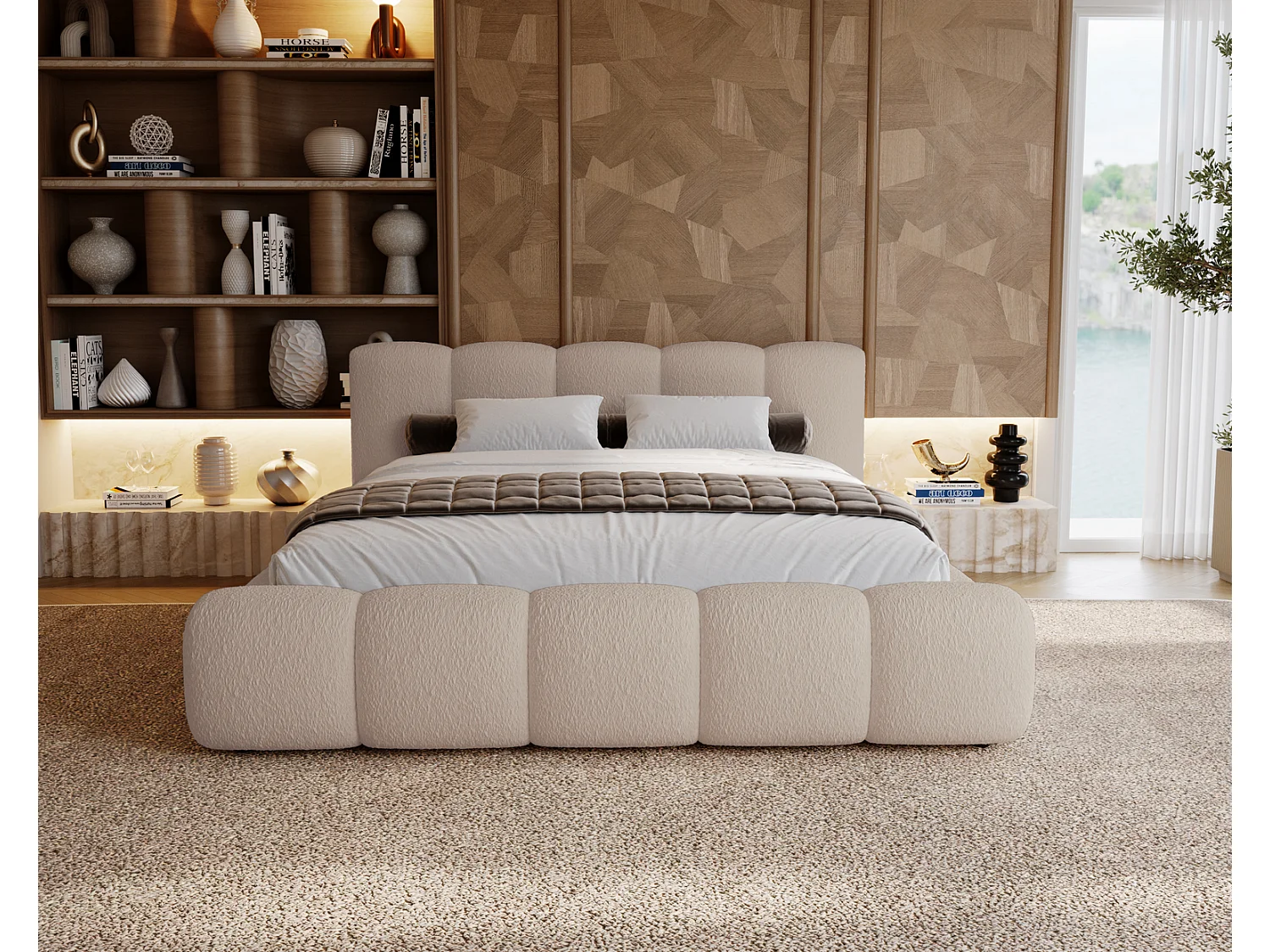 Polsterbett bouclé 140x200 Ravello - Doppelbett mit Bettkasten, Metall Lattenrost - Beige (Lambi 6)