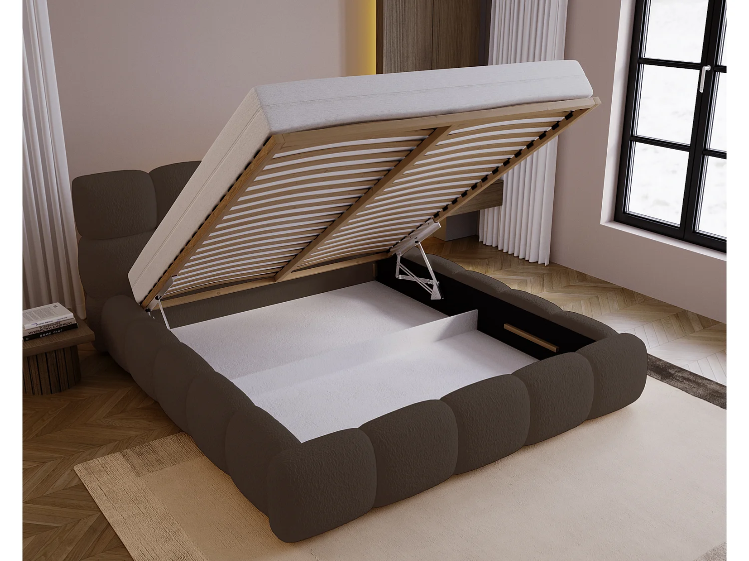 Polsterbett mit Bettkasten 160x200 Lucca - Stoff Bouclé, Lattenrost, Braun (Lambi 4)