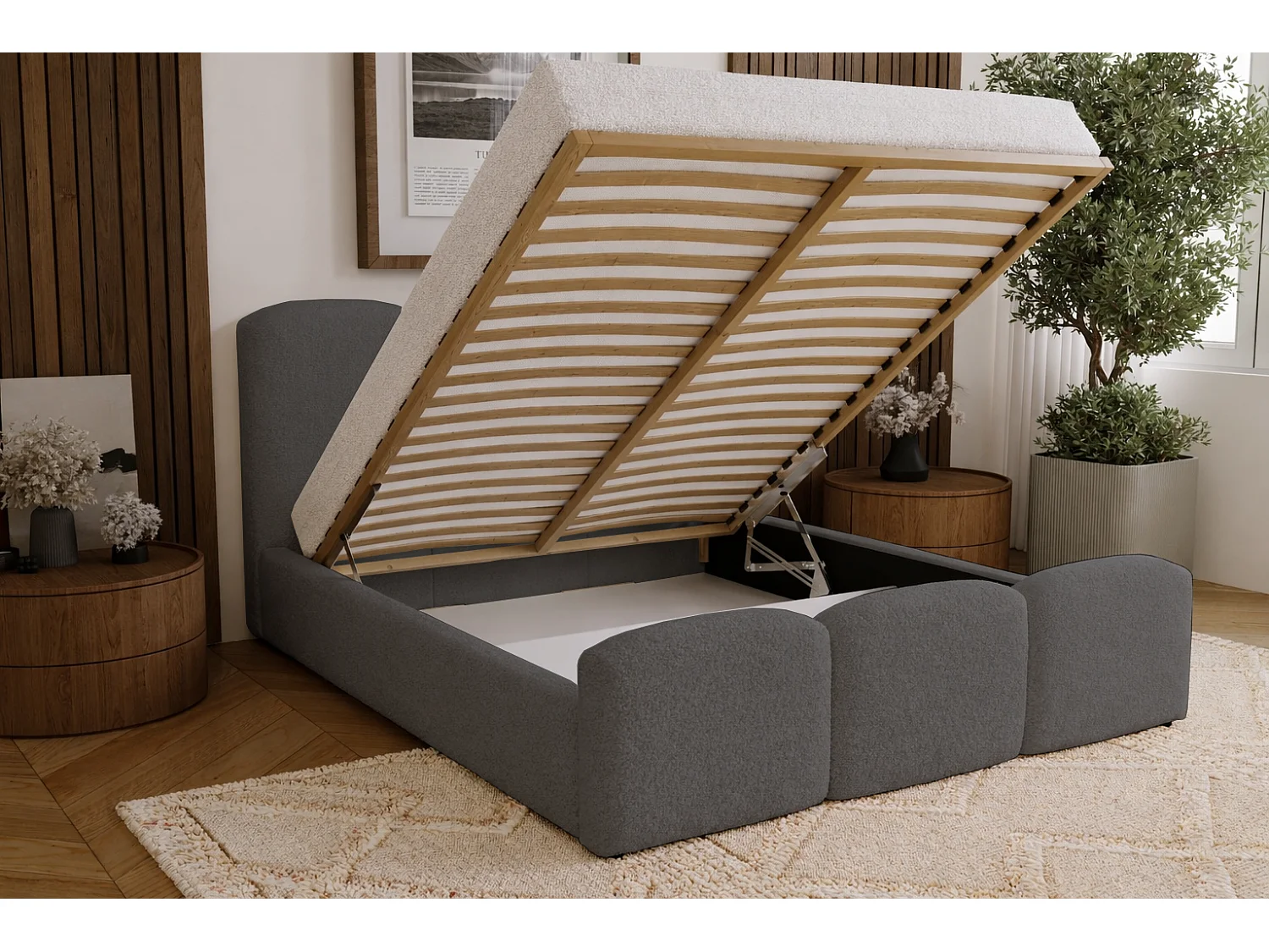 Polsterbett 140x200 Capri - Doppelbett mit Bettkasten, Lattenrost - Bouclé, Grau (Lambi 12)