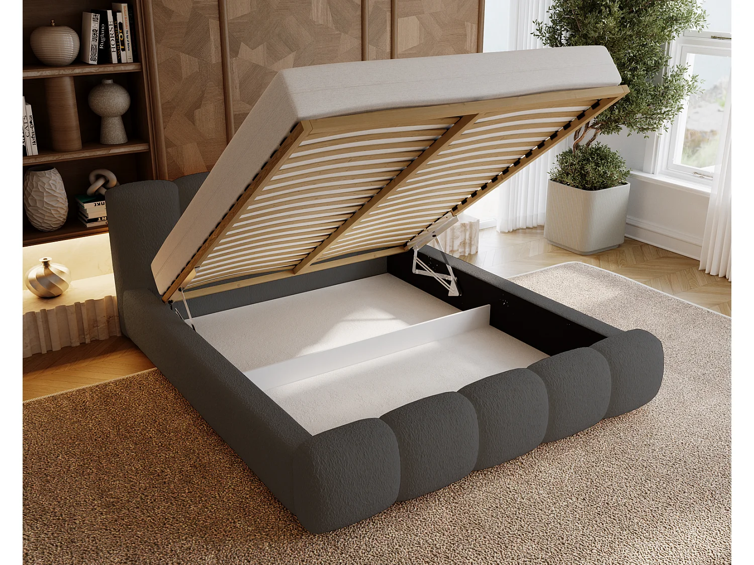 Łóżko tapicerowane 160x200 cm Ravello - łóżko z pojemnikiem, tkanina boucle szary (Lambi 12)