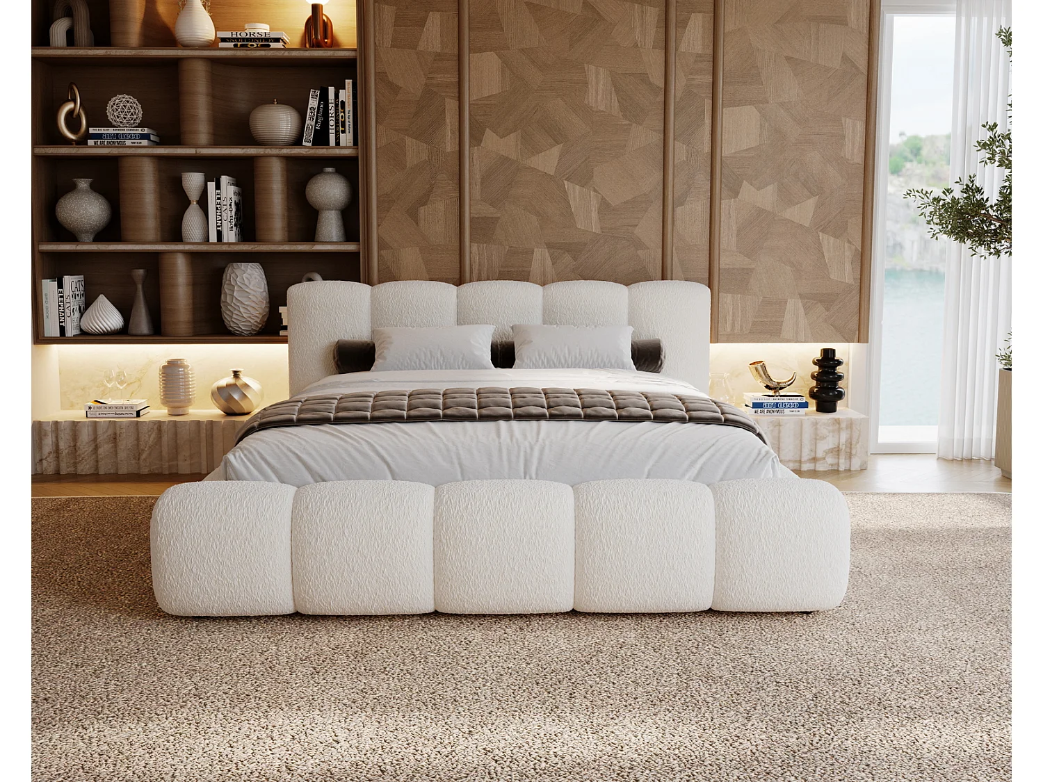 Polsterbett bouclé 200x200 Ravello - Doppelbett mit Bettkasten, Metall Lattenrost - Creme (Lambi 1)