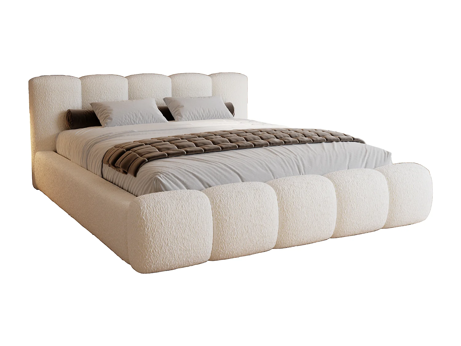 Polsterbett bouclé 200x200 Ravello - Doppelbett mit Bettkasten, Metall Lattenrost - Creme (Lambi 1)