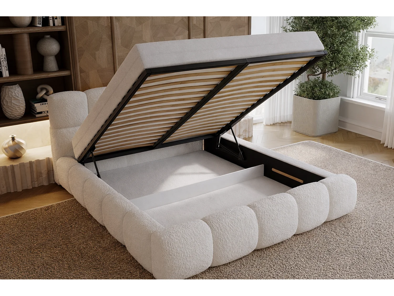 Polsterbett bouclé 200x200 Ravello - Doppelbett mit Bettkasten, Metall Lattenrost - Creme (Lambi 1)