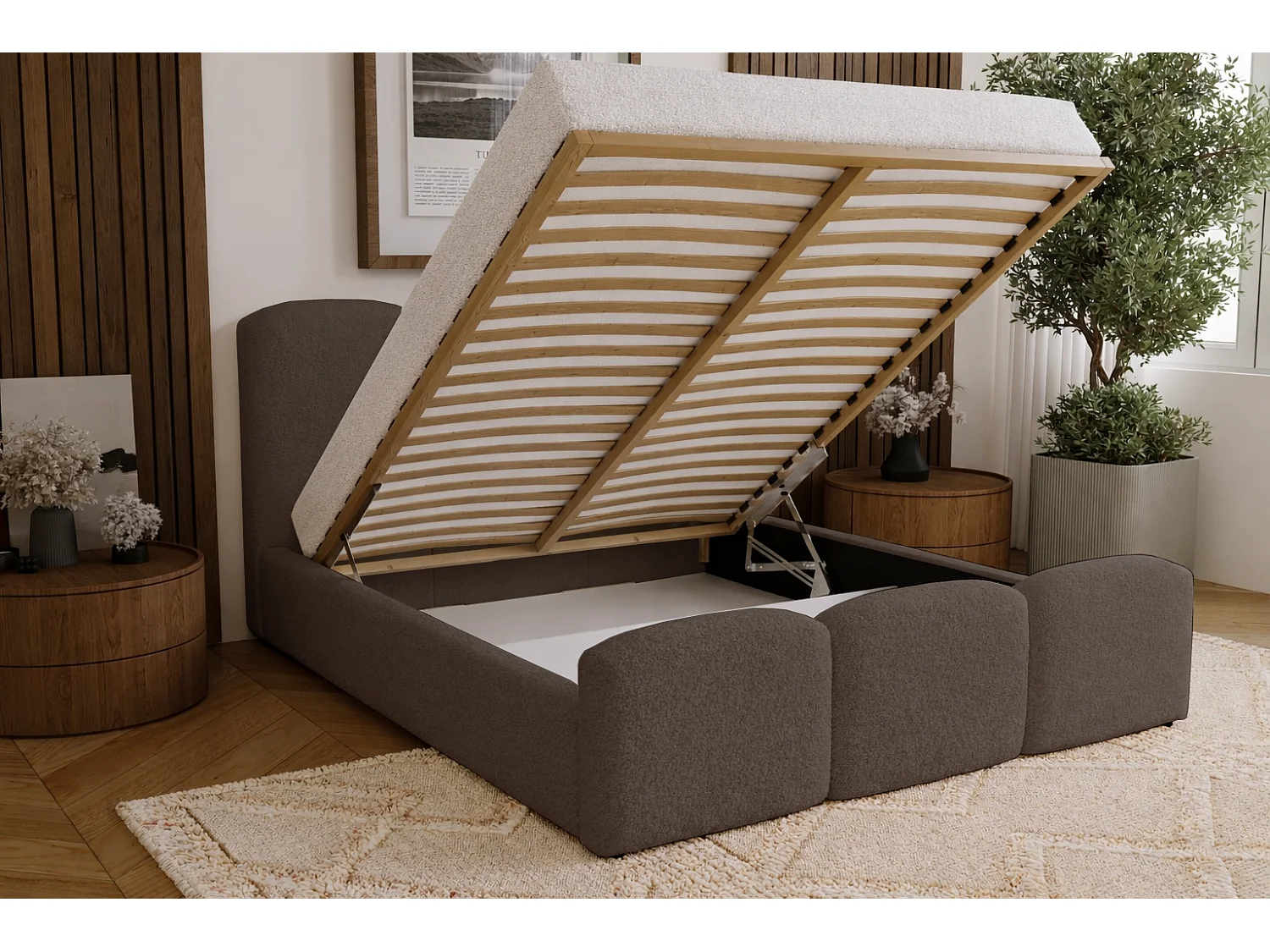 Polsterbett 160x200 Capri - Doppelbett mit Bettkasten, Lattenrost - Bouclé, Braun (Lambi 4)