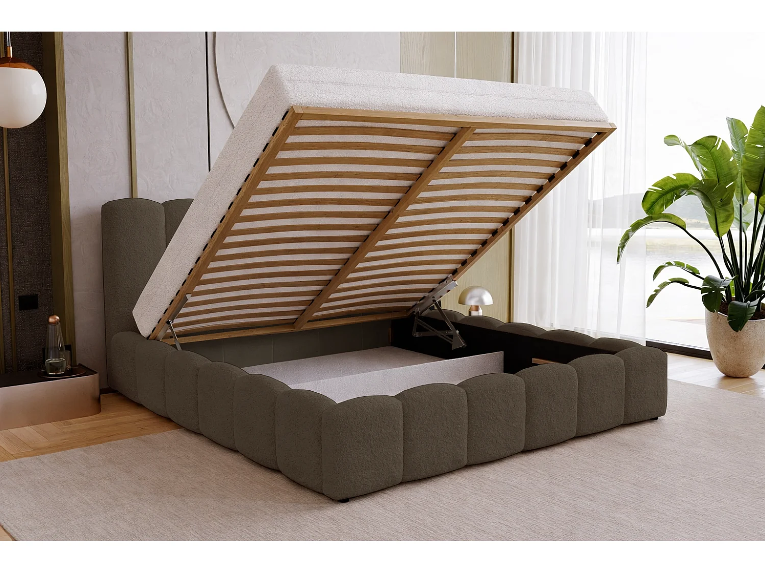 Polsterbett 200x200 Florent mit Bettkasten - Bouclé, Lattenrost, Braun (Lambi 4)