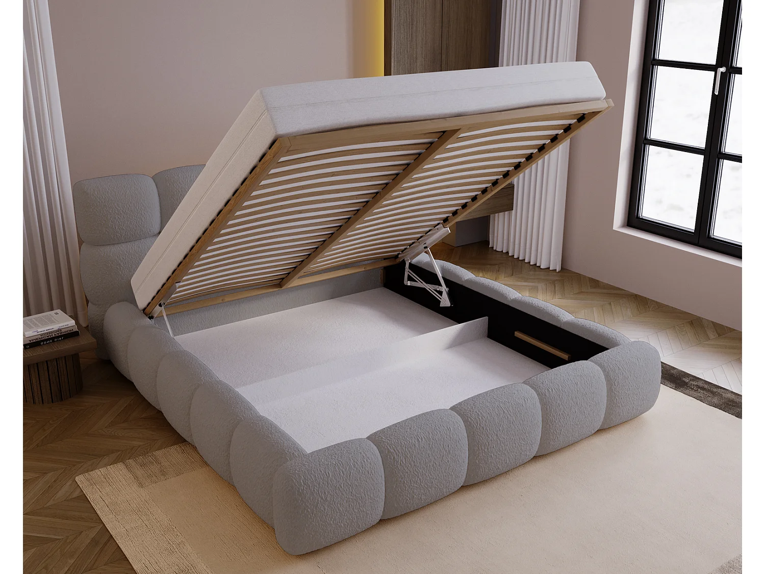 Polsterbett mit Bettkasten 200x200 Lucca - Stoff Bouclé, Lattenrost, Hellgrau (Lambi 11)