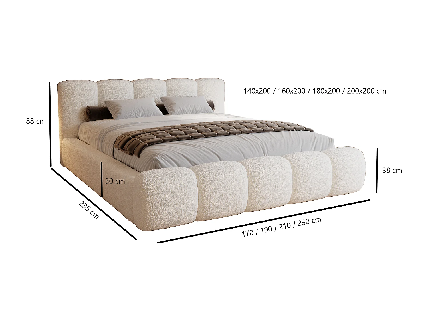 Polsterbett bouclé 160x200 Ravello - Doppelbett mit Bettkasten, Metall Lattenrost - Hellgrau (Lambi 11)