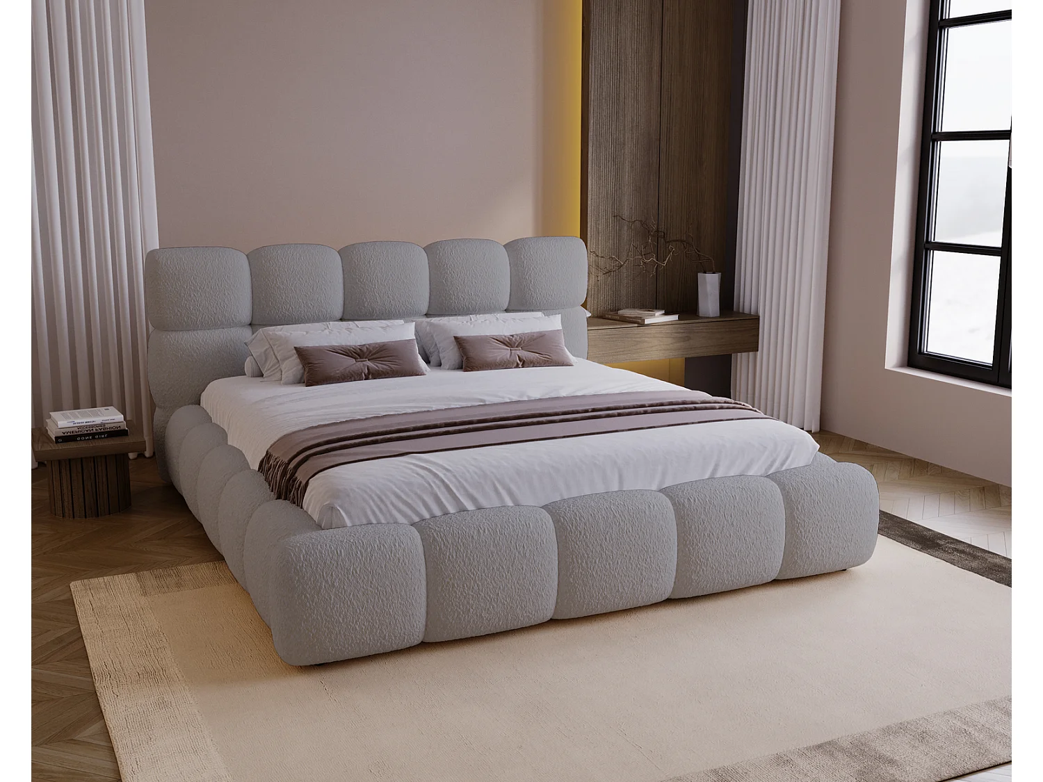 Gestoffeerd bed 200x200 Lucca - bed met opbergruimte, bouclé, metalen lattenbodem - Lichtgrijs (Lambi 11)