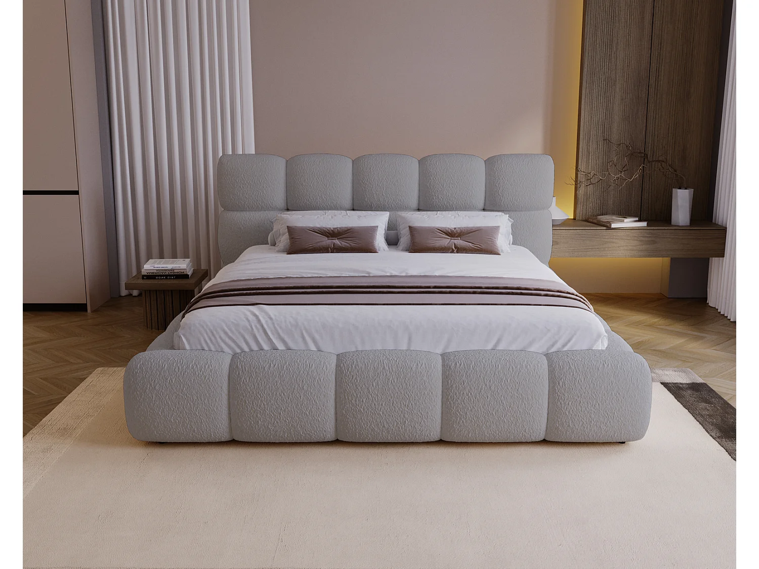 Gestoffeerd bed 200x200 Lucca - bed met opbergruimte, bouclé, metalen lattenbodem - Lichtgrijs (Lambi 11)