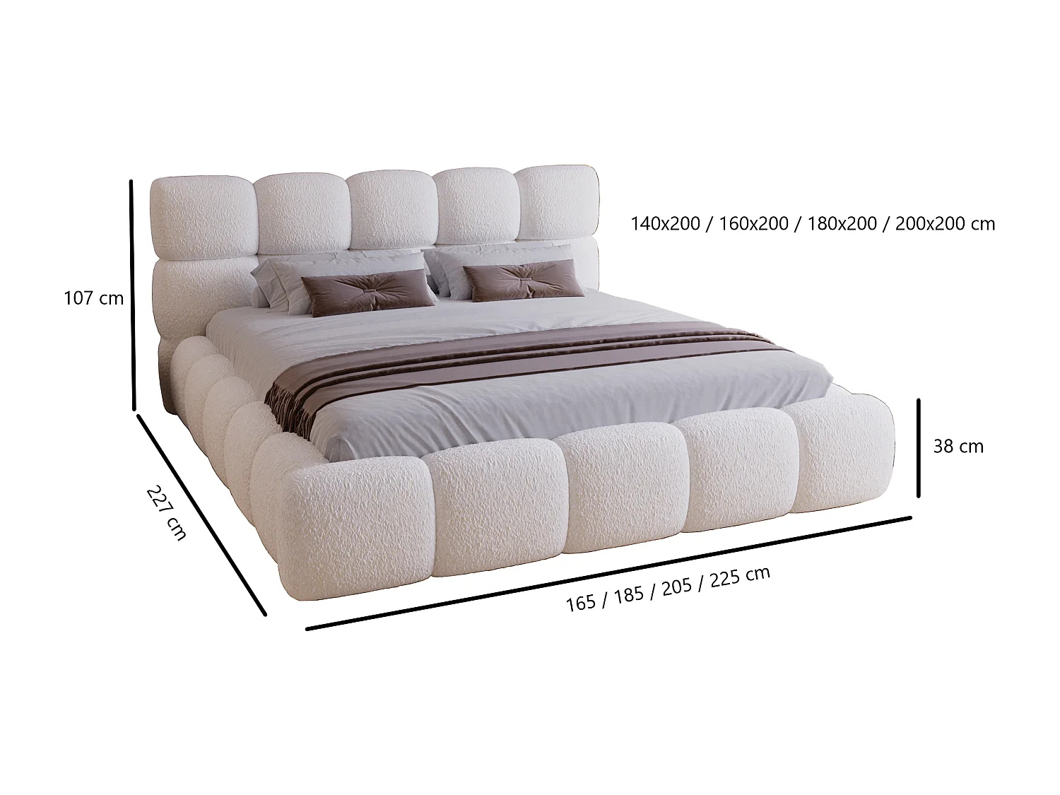Gestoffeerd bed 200x200 Lucca - bed met opbergruimte, bouclé, metalen lattenbodem - Lichtgrijs (Lambi 11)