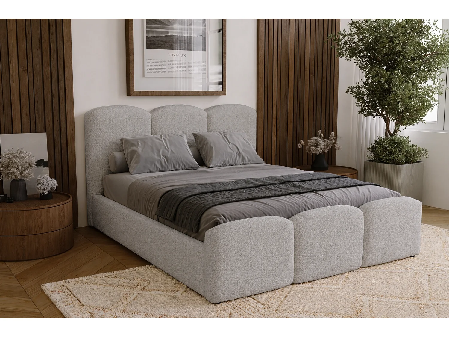 Polsterbett 140x200 Capri - Doppelbett mit Bettkasten, Lattenrost - Bouclé, Hellgrau (Lambi 11)