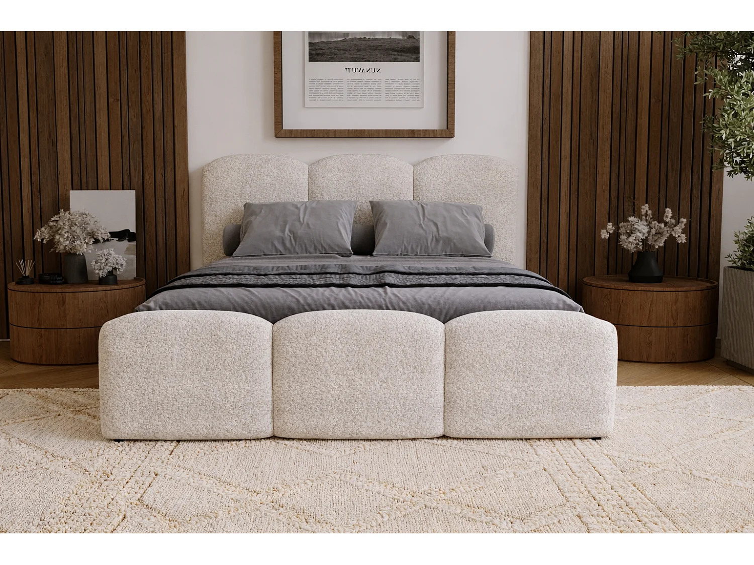 Polsterbett 180x200 Capri - Doppelbett mit Bettkasten, Lattenrost - Bouclé, Creme (Lambi 1)