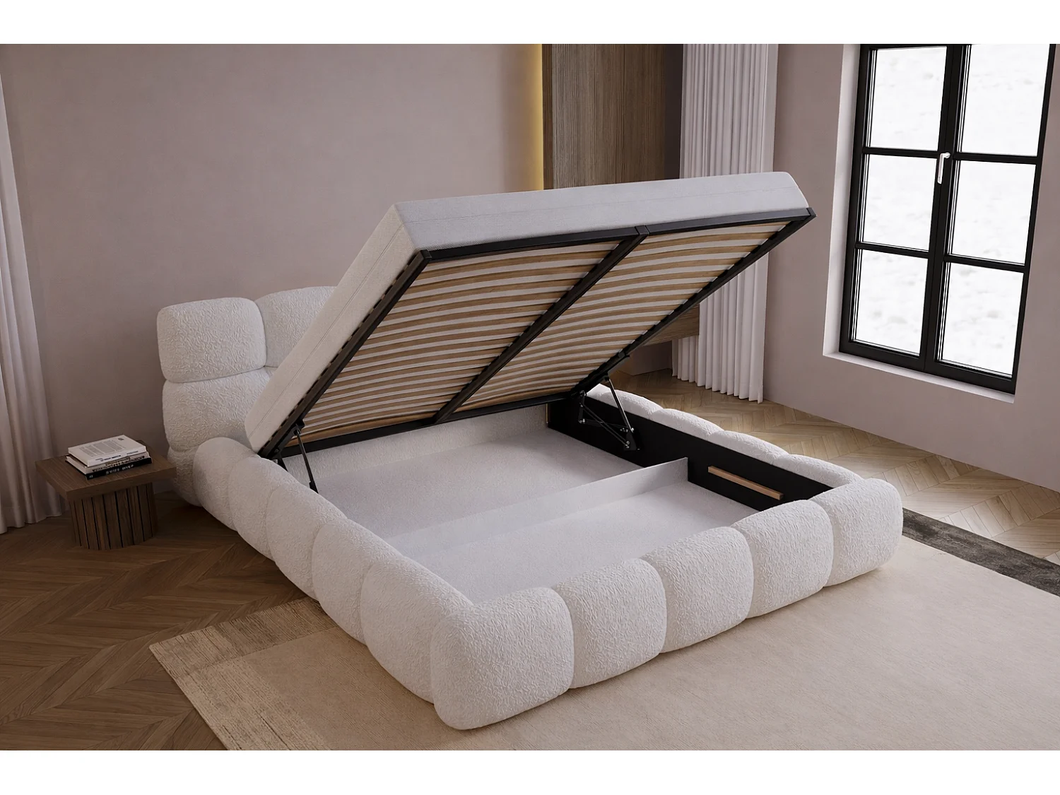 Lit rembourré 200x200 cm Lucca - lit coffre, bouclé, sommier métallique - Crème (Lambi 1)