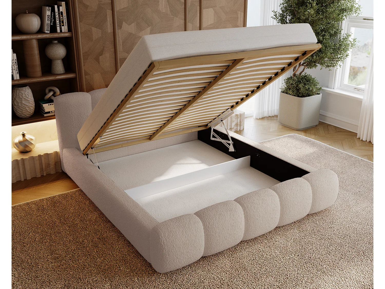 Łóżko tapicerowane 140x200 cm Ravello - łóżko z pojemnikiem, tkanina boucle beżowy (Lambi 6)