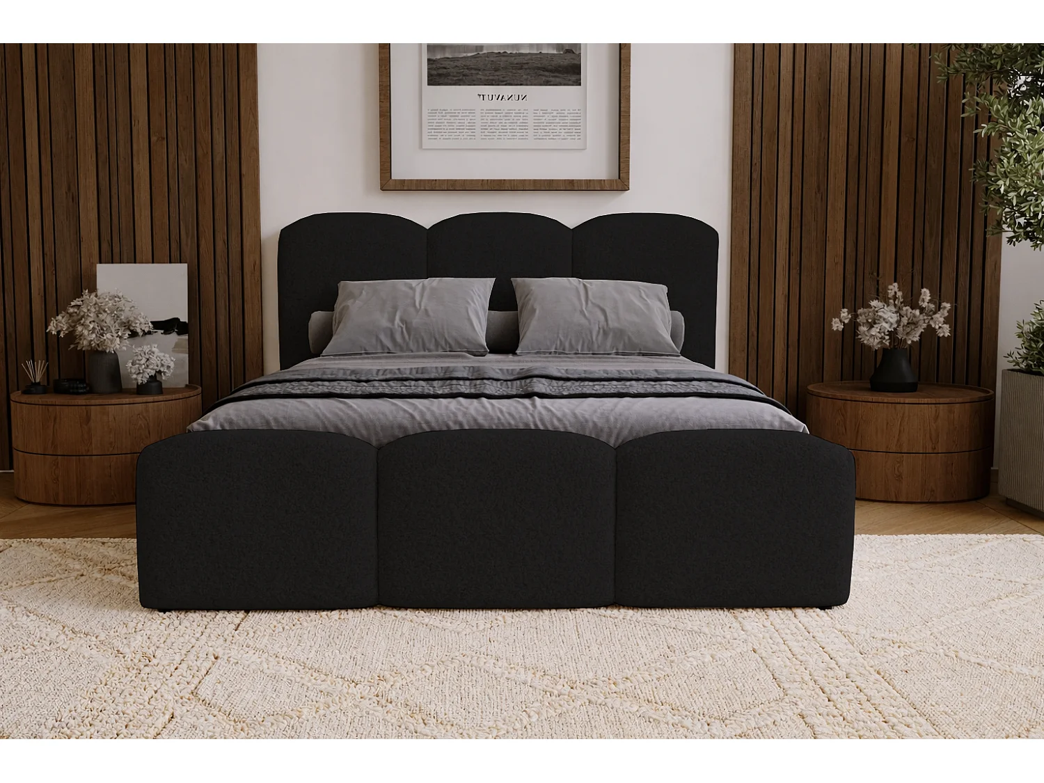 Gestoffeerd bed 160x200 Capri met opbergruimte, metalen lattenbodem - bouclé, Zwart (Lambi 13)