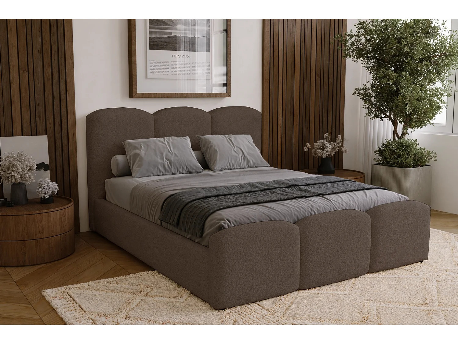 Polsterbett 180x200 Capri - Doppelbett mit Bettkasten, Lattenrost - Bouclé, Braun (Lambi 4)