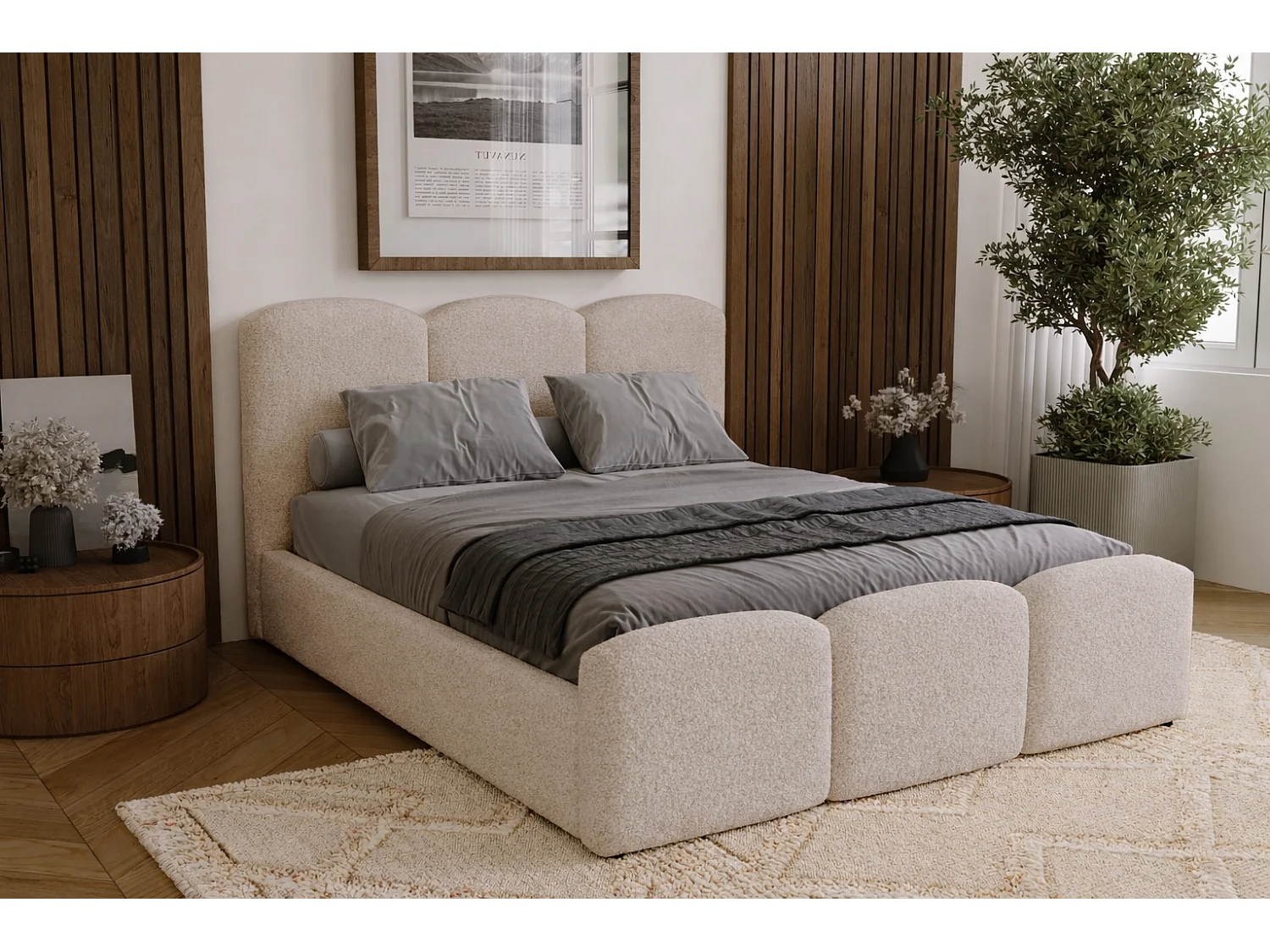 Polsterbett 160x200 Capri - Doppelbett mit Bettkasten, Lattenrost - Bouclé, Beige (Lambi 6)