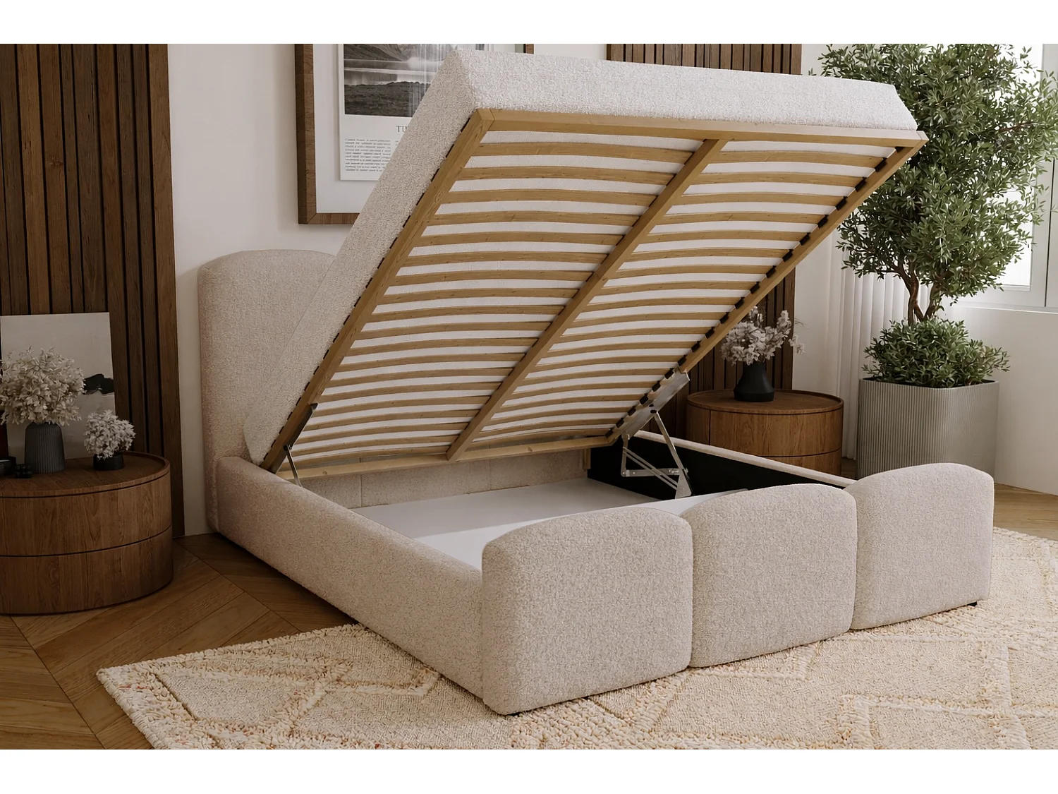 Polsterbett 160x200 Capri - Doppelbett mit Bettkasten, Lattenrost - Bouclé, Beige (Lambi 6)