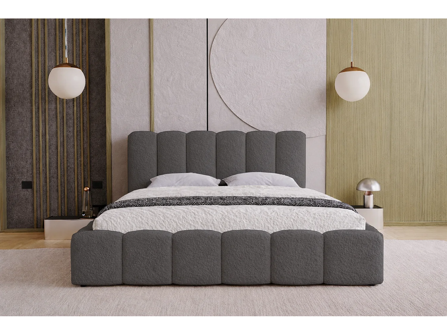 Polsterbett 180x200 Florent mit Bettkasten - Bouclé, Lattenrost, Grau (Lambi 12)