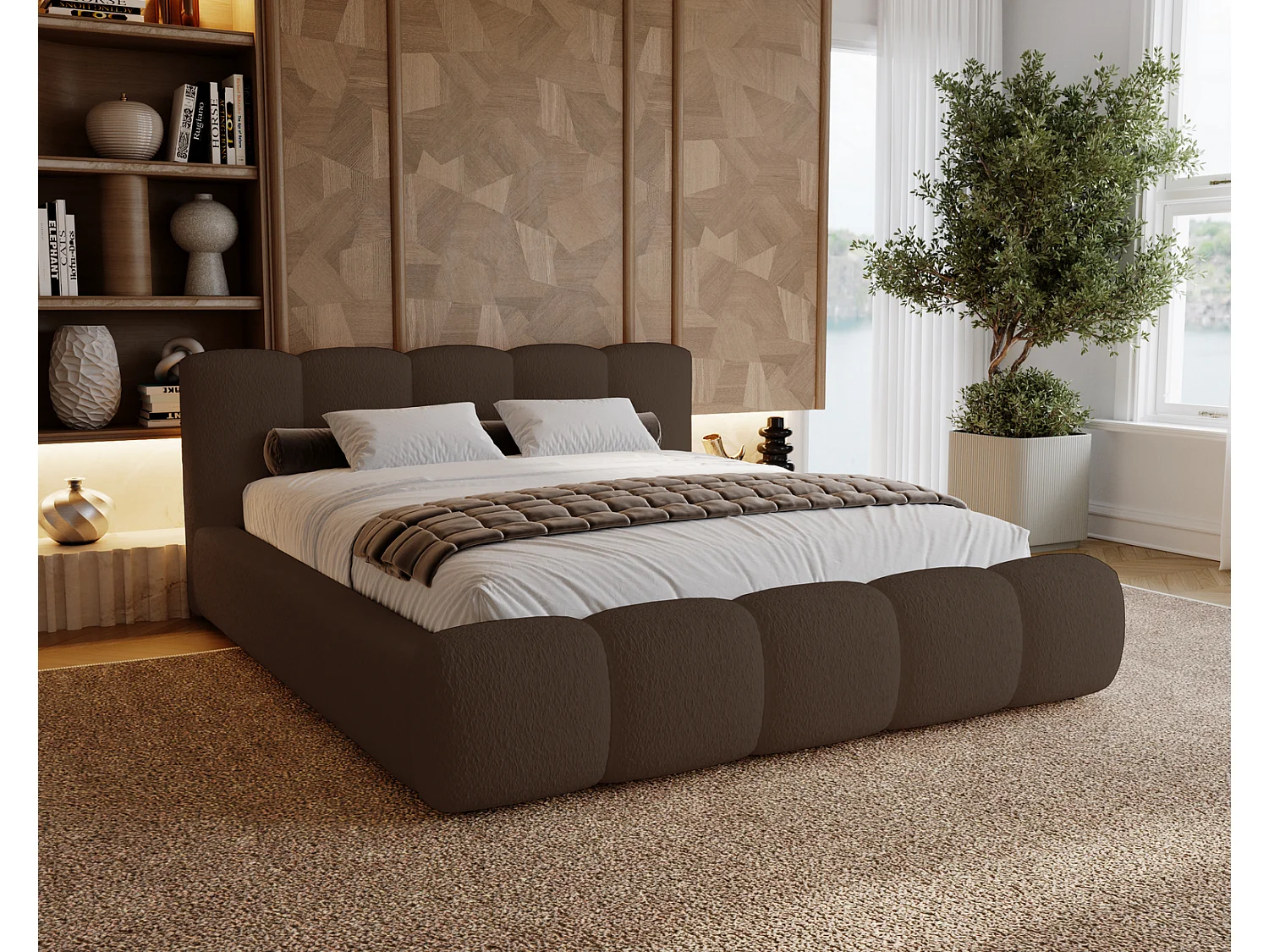 Polsterbett bouclé 180x200 Ravello - Doppelbett mit Bettkasten, Metall Lattenrost - Braun (Lambi 4)