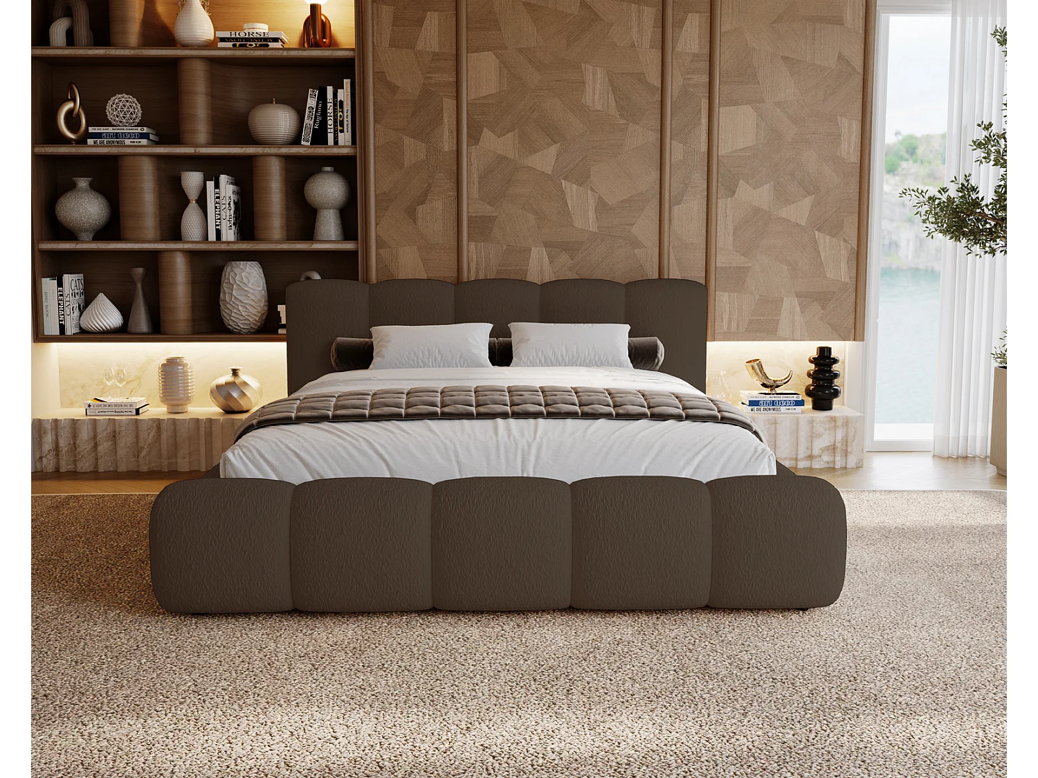 Polsterbett bouclé 180x200 Ravello - Doppelbett mit Bettkasten, Metall Lattenrost - Braun (Lambi 4)