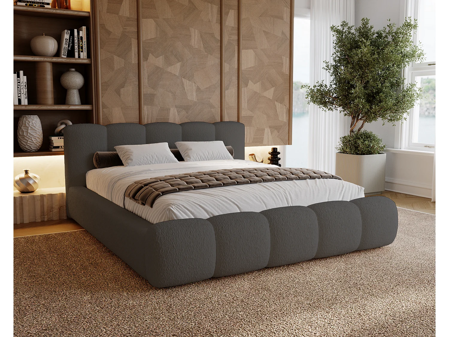 Polsterbett bouclé 200x200 Ravello - Doppelbett mit Bettkasten, Metall Lattenrost - Grau (Lambi 12)