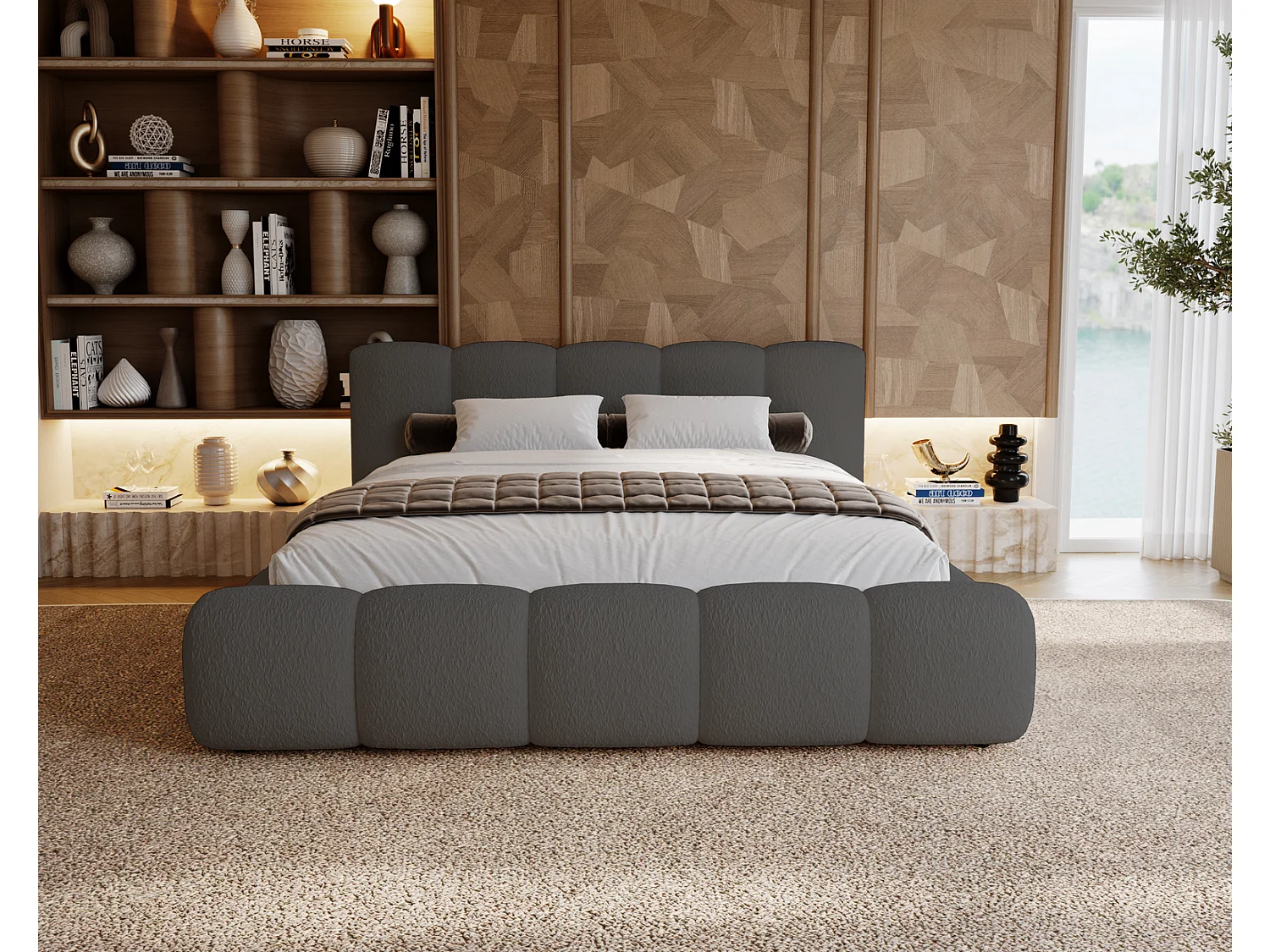 Polsterbett bouclé 200x200 Ravello - Doppelbett mit Bettkasten, Metall Lattenrost - Grau (Lambi 12)