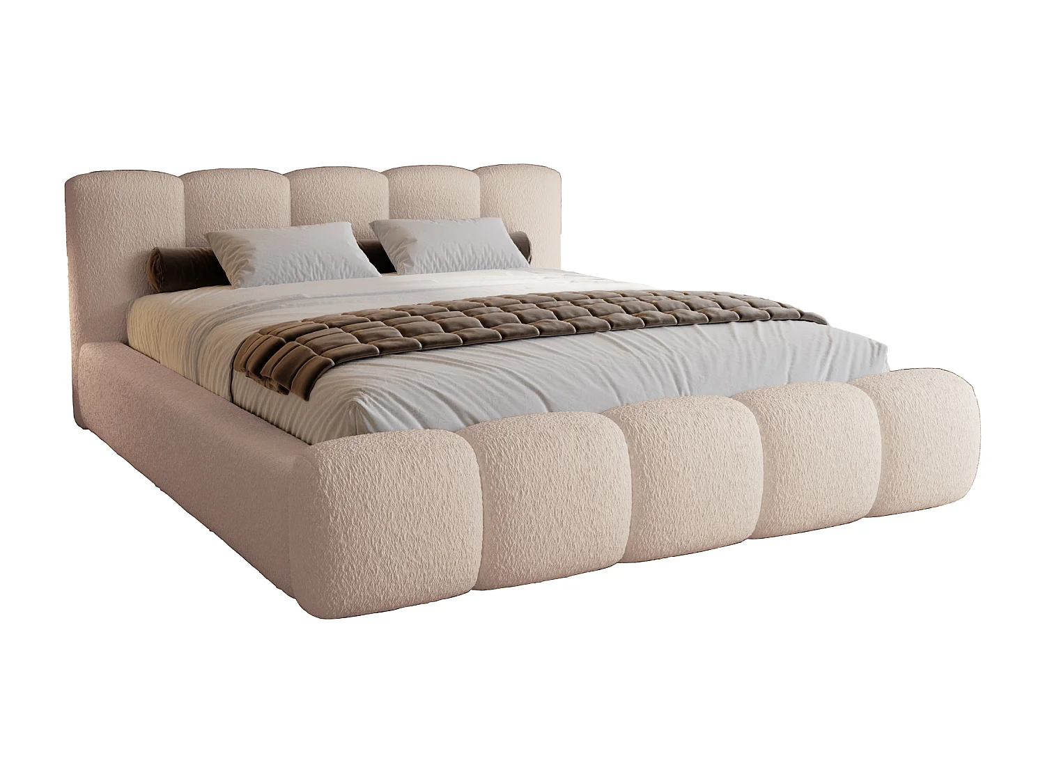 Polsterbett bouclé 180x200 Ravello - Doppelbett mit Bettkasten, Metall Lattenrost - Beige (Lambi 6)