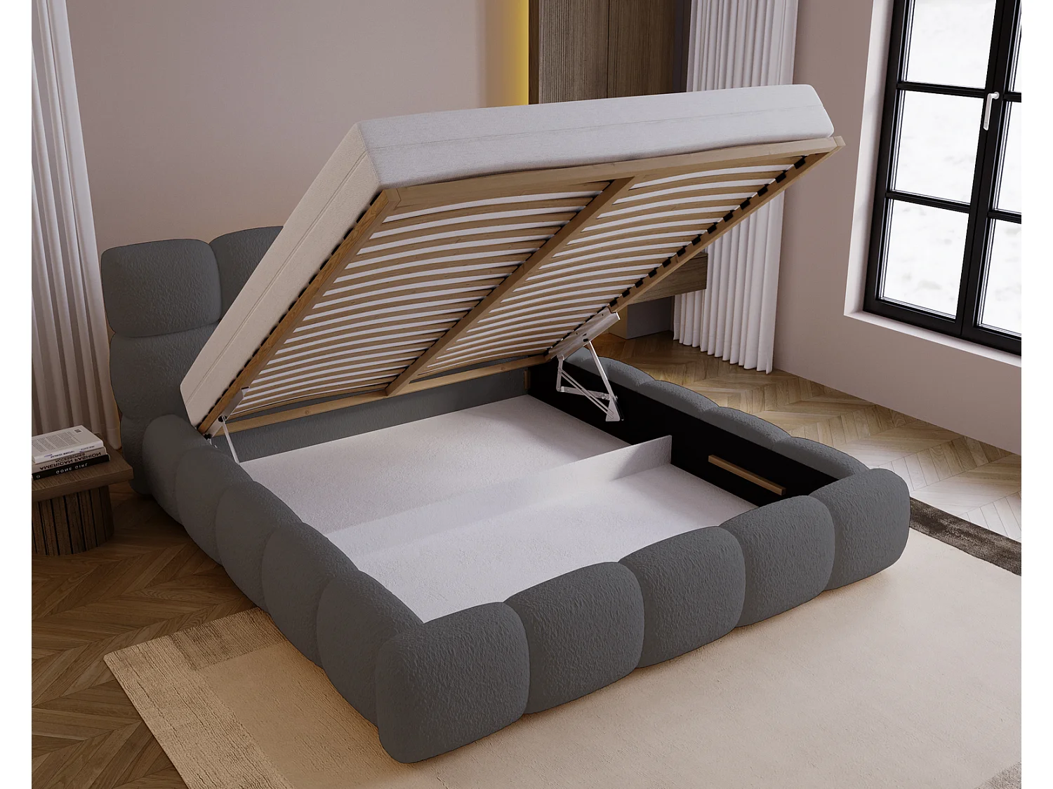 Polsterbett mit Bettkasten 200x200 Lucca - Stoff Bouclé, Lattenrost, Grau (Lambi 12)