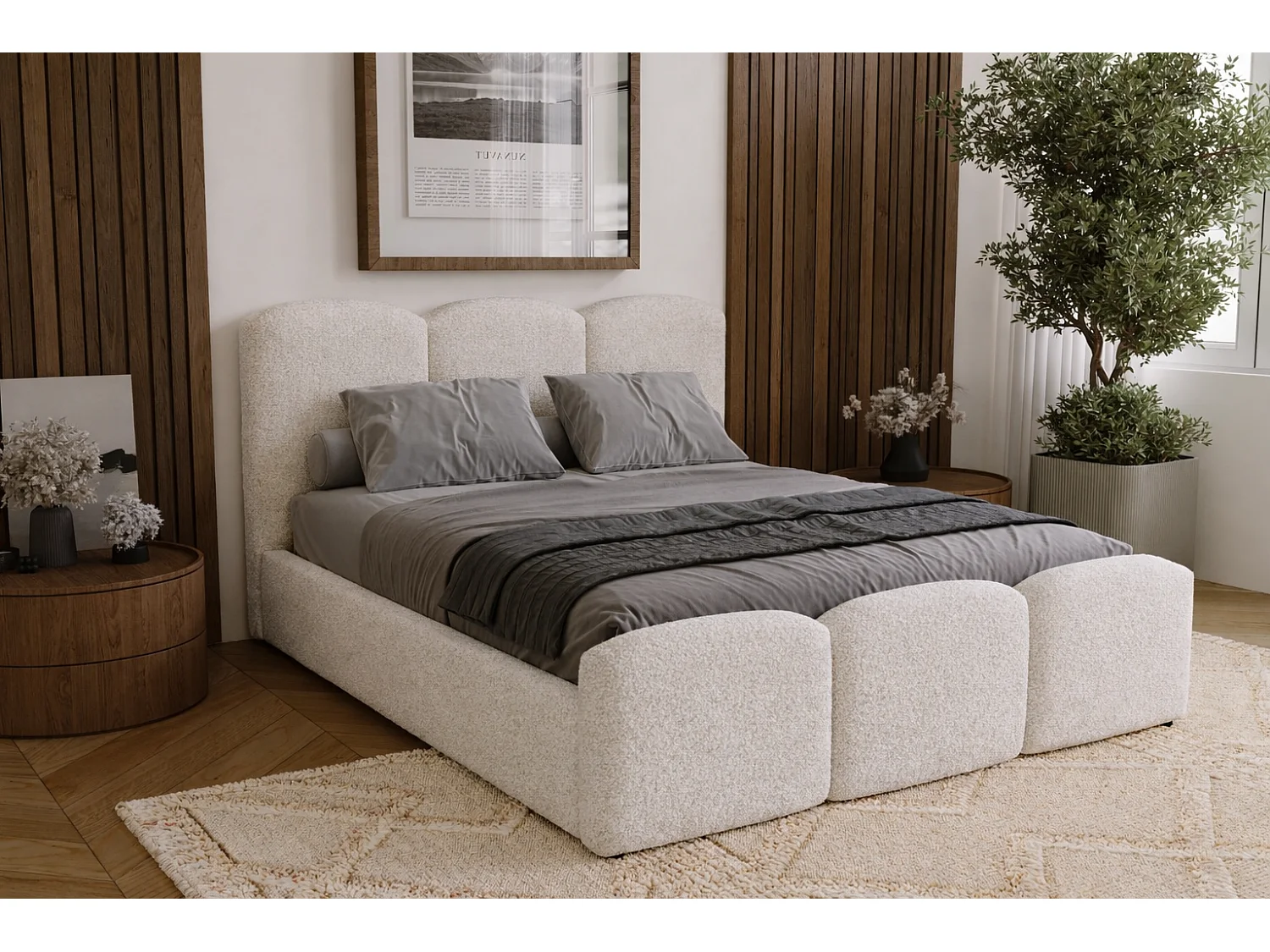 Polsterbett 200x200 Capri - Doppelbett mit Bettkasten, Lattenrost - Bouclé, Creme (Lambi 1)