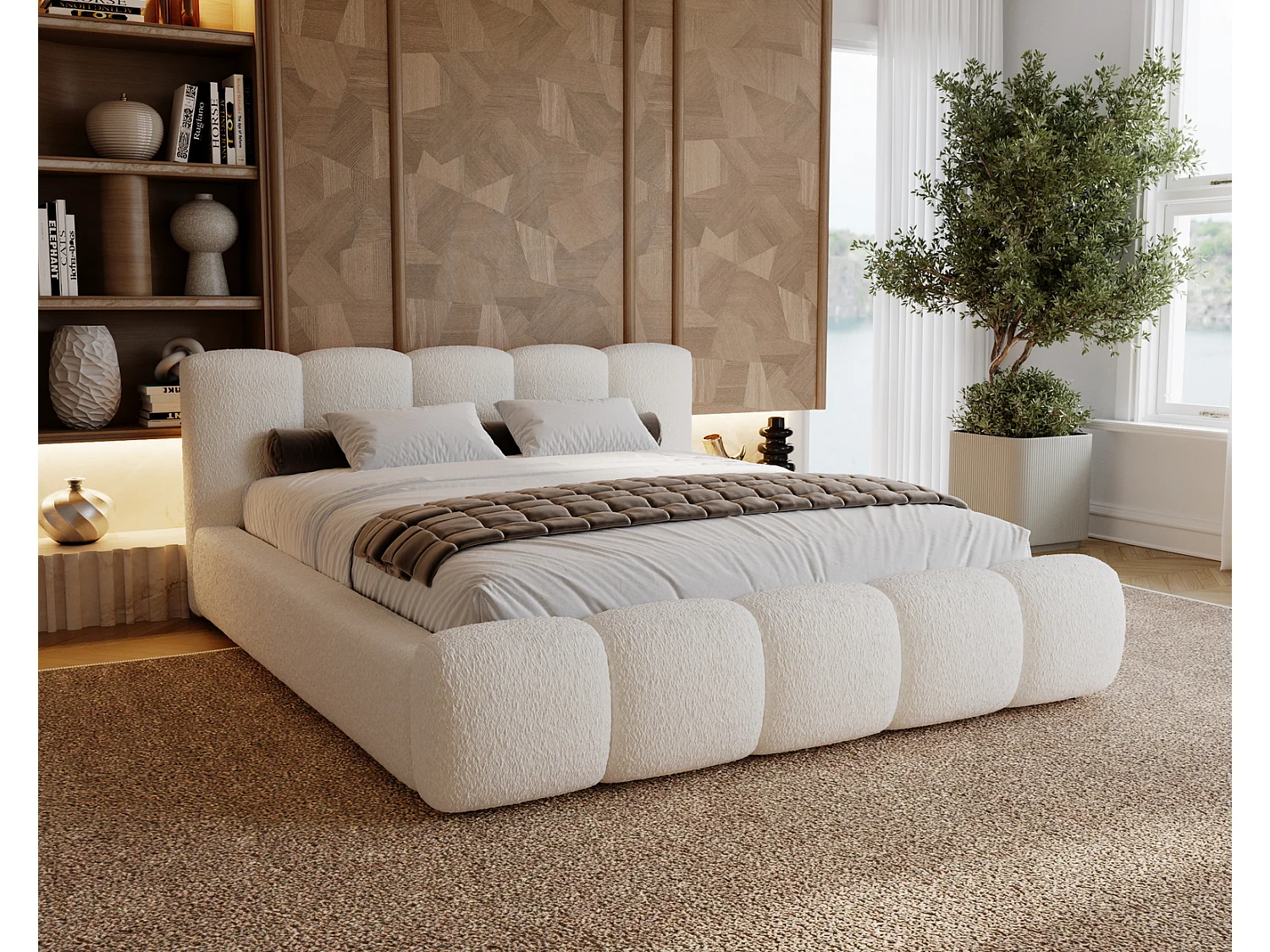 Polsterbett bouclé 180x200 Ravello - Doppelbett mit Bettkasten, Metall Lattenrost - Creme (Lambi 1)