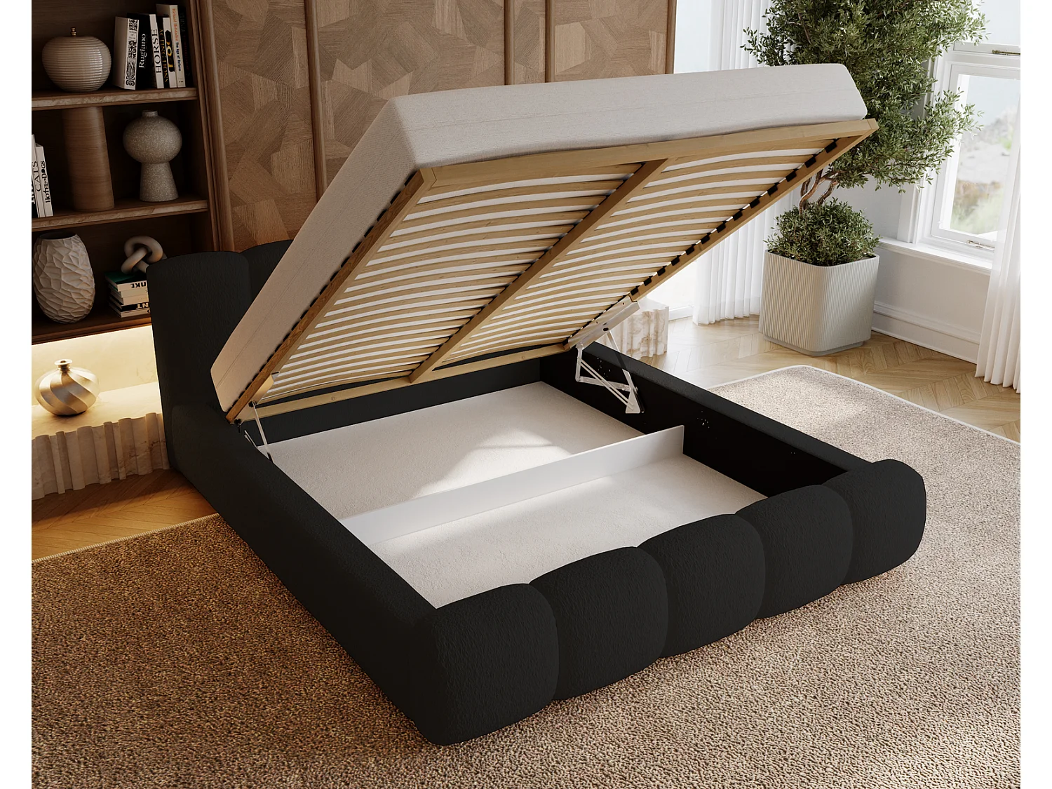 Łóżko tapicerowane 180x200 cm Ravello - łóżko z pojemnikiem, tkanina boucle czarny (Lambi 13)