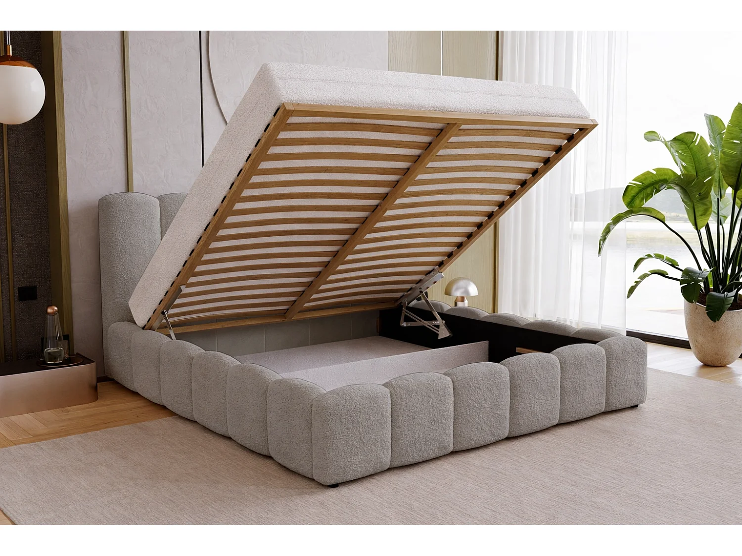 Polsterbett 160x200 Florent mit Bettkasten - Bouclé, Lattenrost, Hellgrau (Lambi 11)