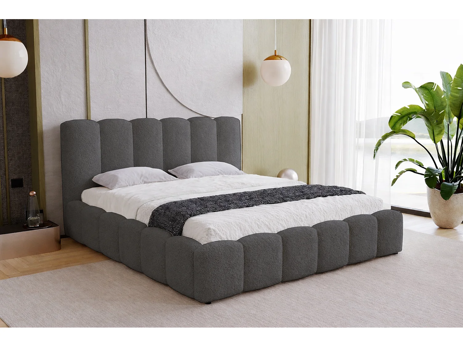 Polsterbett 200x200 Florent mit Bettkasten - Bouclé, Lattenrost, Grau (Lambi 12)