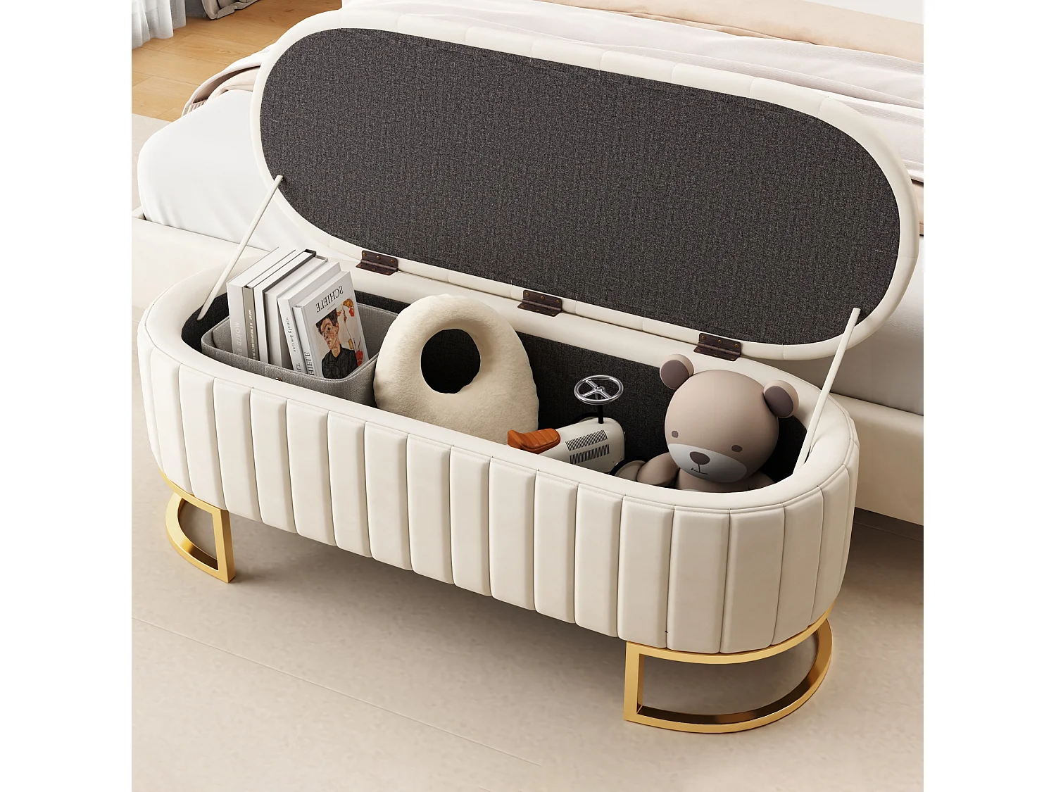 Aufbewahrungsbank und Fußhocker – 120 x 39,9 x 43 cm – mit Stauraum – Samt – beige