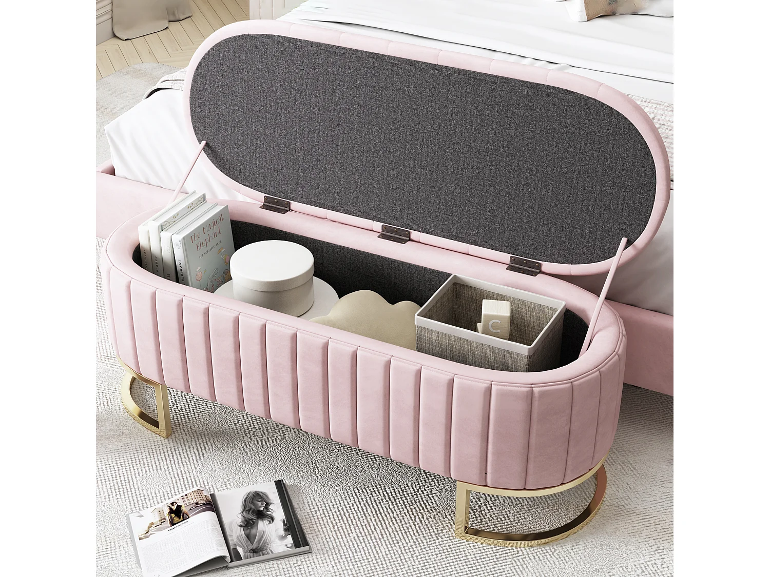 Aufbewahrungsbank und Fußhocker – 120 x 39,9 x 43 cm – mit Stauraum – Samt – rosa