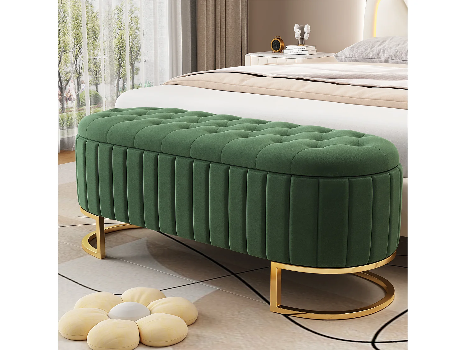Aufbewahrungsbank und Fußhocker – 120 x 39,9 x 43 cm – mit Stauraum – Samt – grün