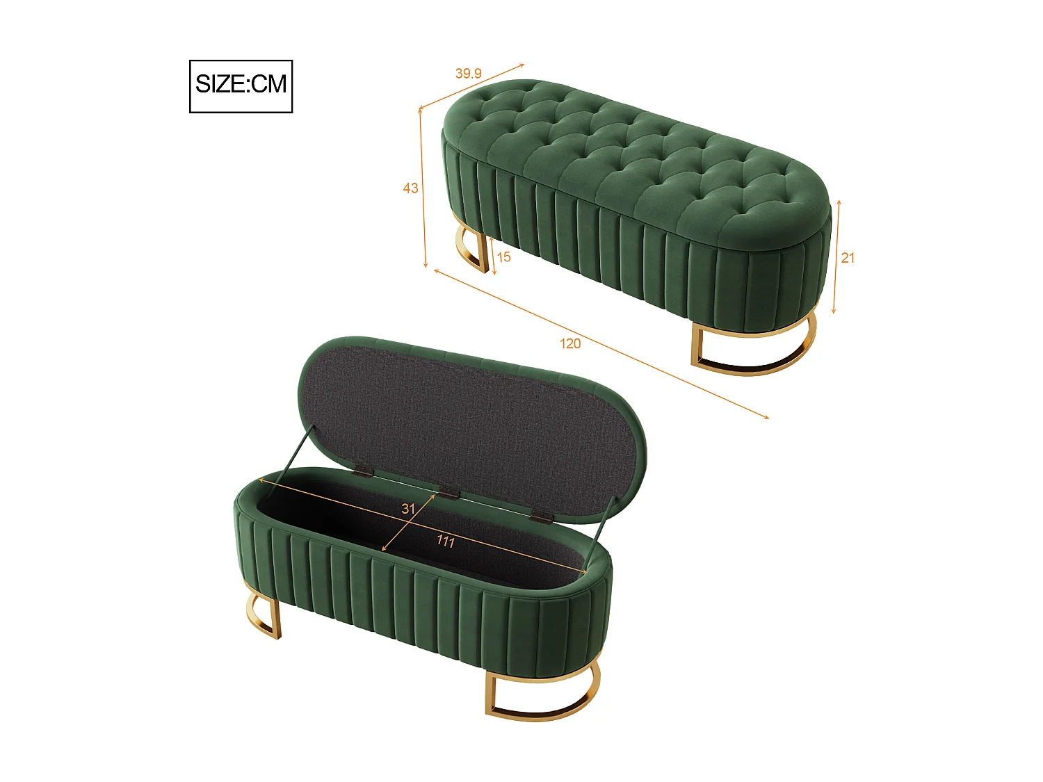 Aufbewahrungsbank und Fußhocker – 120 x 39,9 x 43 cm – mit Stauraum – Samt – grün