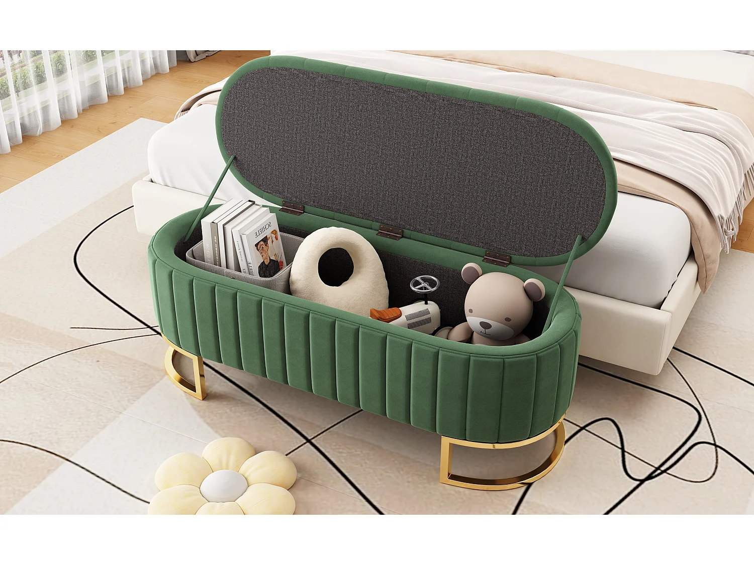 Aufbewahrungsbank und Fußhocker – 120 x 39,9 x 43 cm – mit Stauraum – Samt – grün