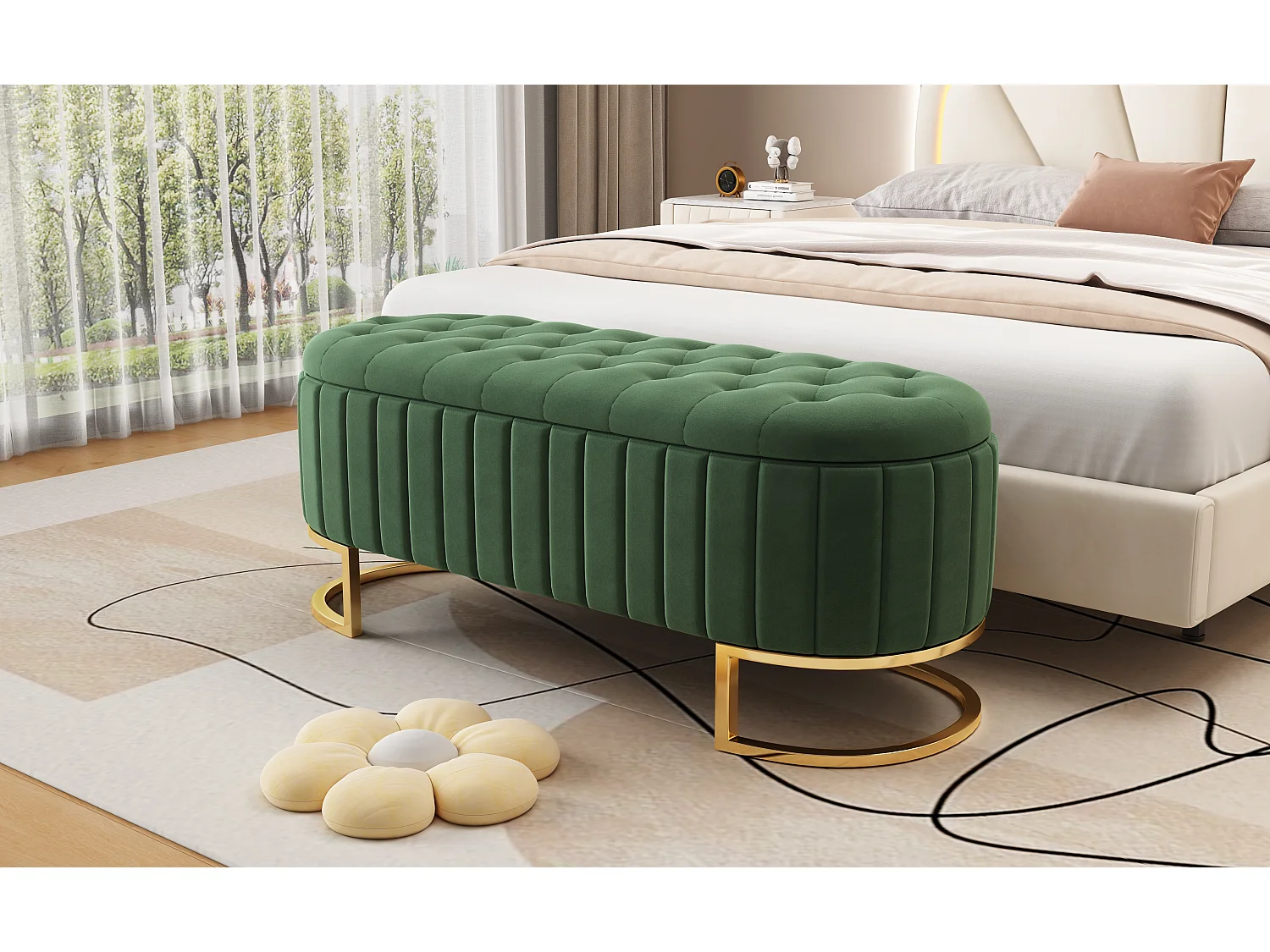 Aufbewahrungsbank und Fußhocker – 120 x 39,9 x 43 cm – mit Stauraum – Samt – grün