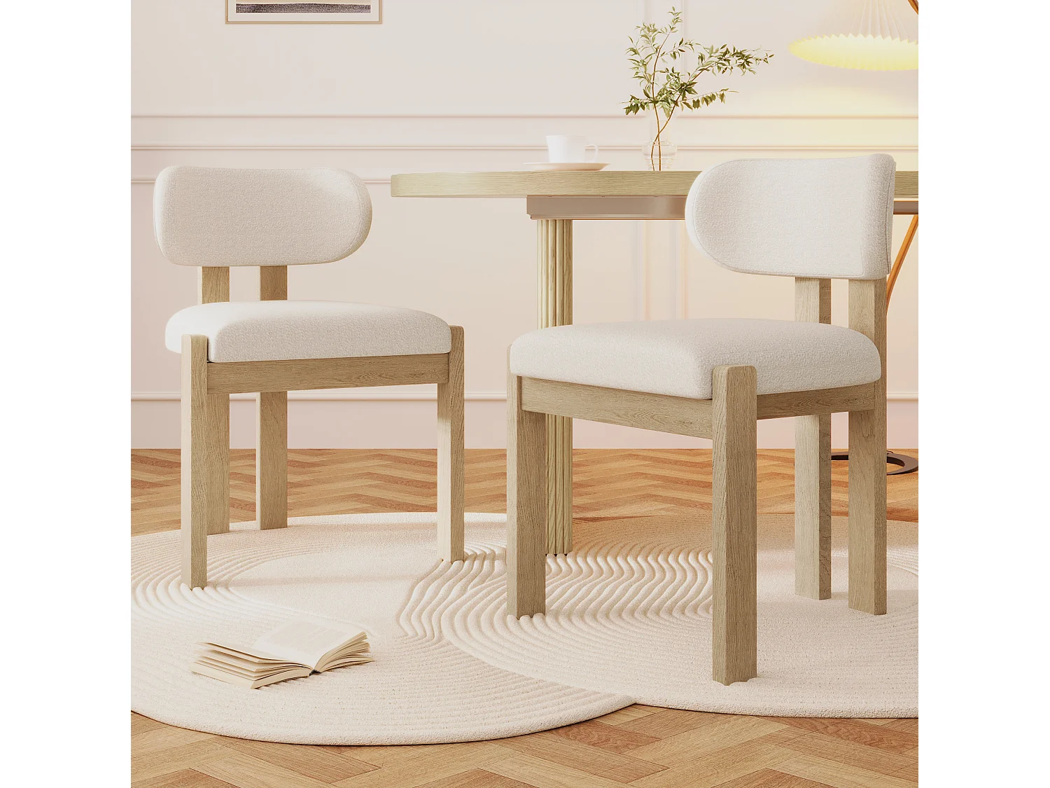 Lot de 2 chaises de salle à manger en bois massif - 54 x 54 x 79 cm - Style moderne - bouclé - beige + naturel