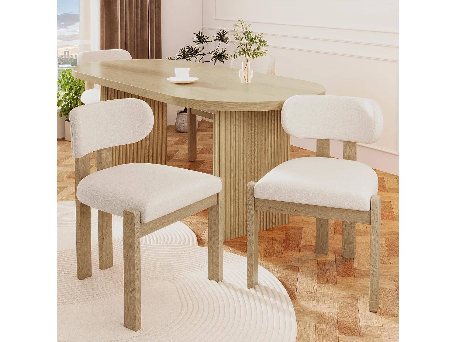 Lot de 2 chaises de salle à manger en bois massif - 54 x 54 x 79 cm - Style moderne - bouclé - beige + naturel