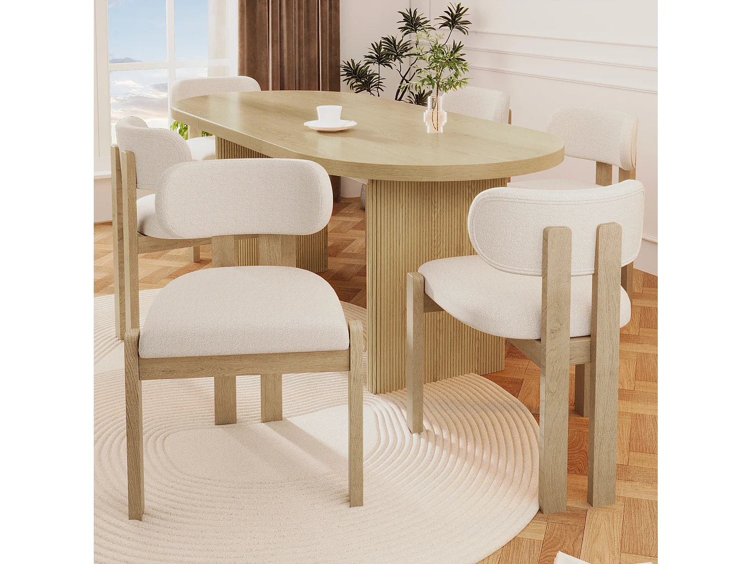 Lot de 2 chaises de salle à manger en bois massif - 54 x 54 x 79 cm - Style moderne - bouclé - beige + naturel