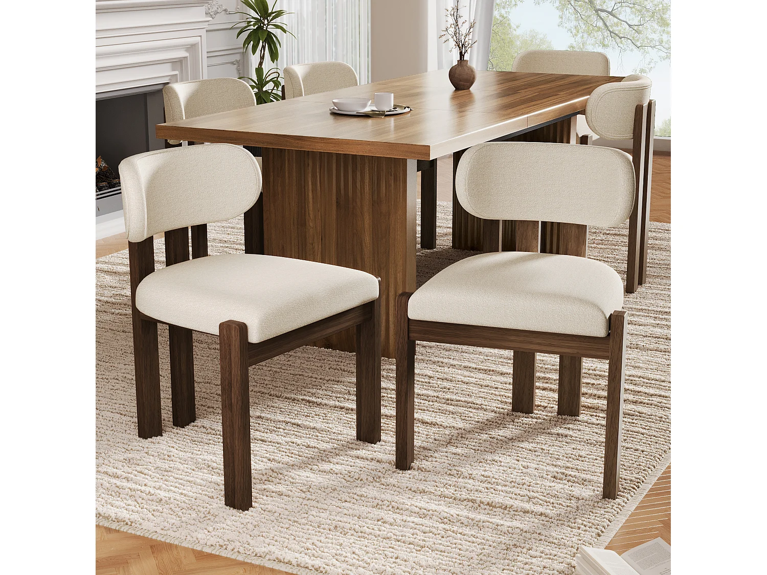 Lot de 6 chaises de salle à manger en bois massif - 54 x 54 x 79 cm - Style moderne - bouclé - beige + marron