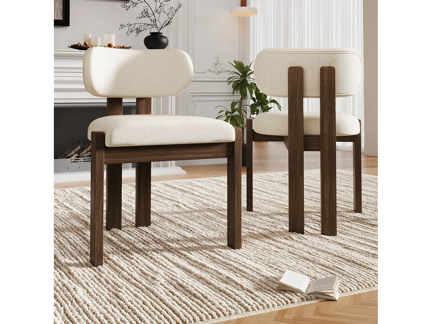 Lot de 6 chaises de salle à manger en bois massif - 54 x 54 x 79 cm - Style moderne - bouclé - beige + marron